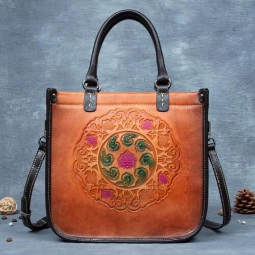 Female Genuine Leather Handbag Embossed Women Bucket Bag 2021 Summer Vintage Nature Cowhide Large Capacity Floral Shoulder Bags