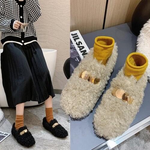 Curly Lamb wool flats woman ballerina warm plush loafers moccasins metal decoration winter cotton shoes women plus size 35-43