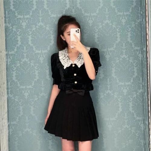 Vintage Lace Collar Short Puff Sleeve Tops +high Waist Bow Mini Skirts Two Piece Set for Women 2021 Spring Autumn Clothes