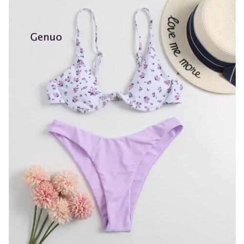Summer New Womens Split Swimsuit Beach Solid Color Simple Floral Bikini Swimsuit Small Fresh Swimsuit Beachwear
