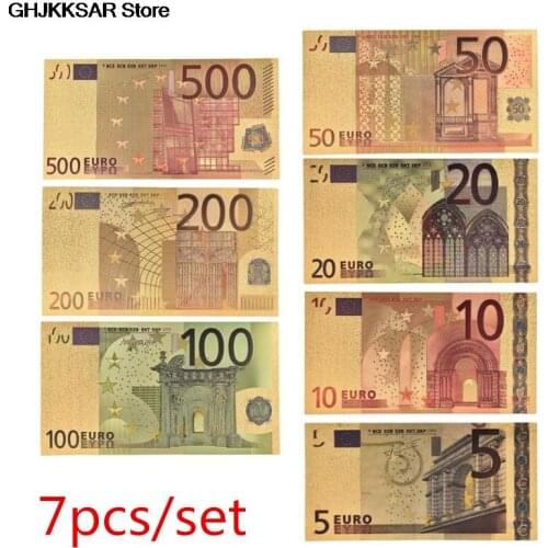 7pcs/lot 5 10 20 50 100 200 500 EUR Gold Banknotes in 24K Gold Fake Paper Money for Collection Euro Banknote Sets hot sale