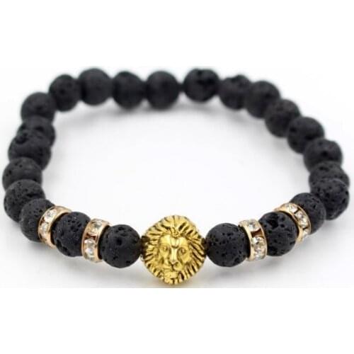 8mm uj43 micro pave cz zircon cubic zirconia elastic adjusted Charm Punk Charm nature lion head Lava Volcanic Stone Bracelet