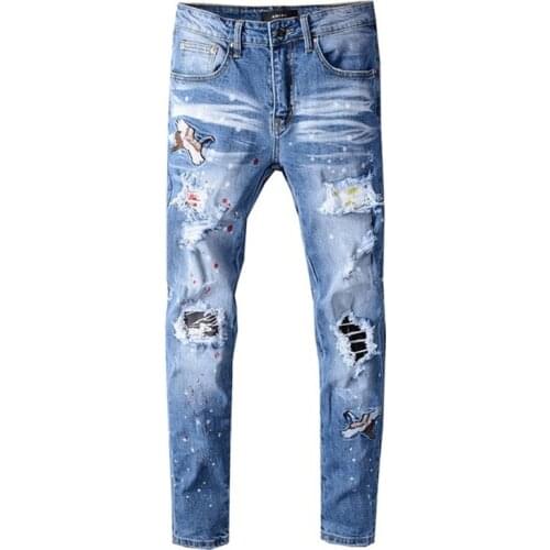 New Mens male fashion casual bird embroidered painted ripped jeans Streetwear holes patchwork stretch denim pants trousers
