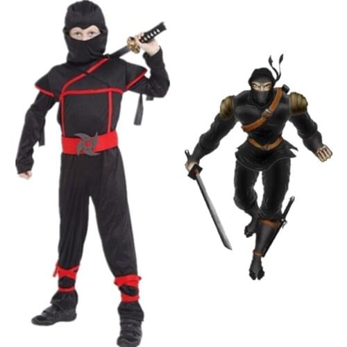 Children Day Kids Black Hooded Ninja Costume Assassin Cosplay Fancy Suit for Halloween Masquerade Party Clothes for Unisex Kids