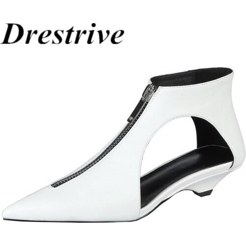 Drestrive Full Genuine Leather 2021 Summer Shoes Fashion Women Pumps Zipper Pointed Toe Low Heel Big Size 43 White Cow Leather