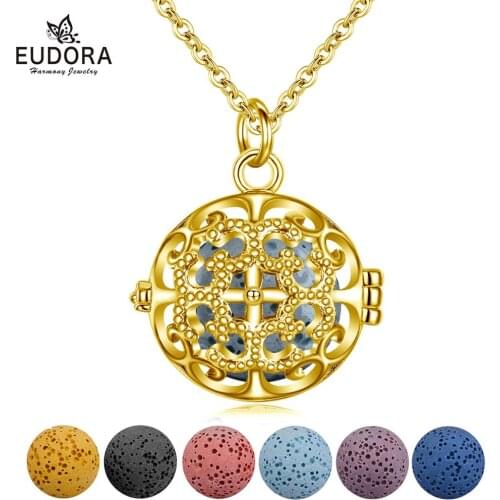 EUDORA 14mm Aromatherapy Perfume Essential Oils Diffuser Necklace Hollow out Crystal CZ gold Locket Pendant with lava ball K393G