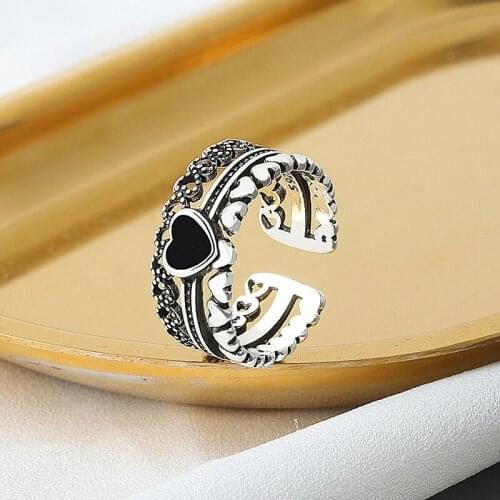 Big rings for women heart black zircon crown finger open adjustable ring trendy vintage jelwery 2021