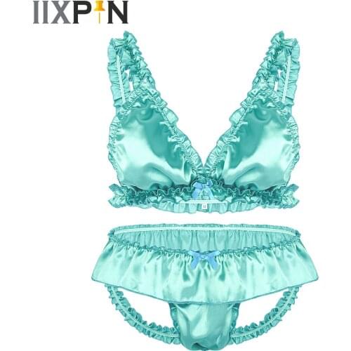 Mens Sissy Lingerie Set Soft Satin Frilly Ruffled Bikini Bra Top with Open Back Briefs Underwear Nightwear Sexy Panties for Male