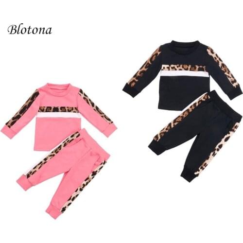 Blotona Kids Baby Girl Fall Clothes Set Leopard Striped Long Sleeve T-Shirt + Leopard Pants 2Pcs Outfits 1-6Y
