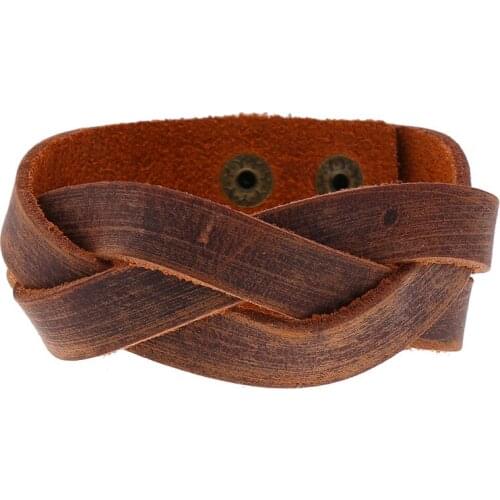 Retro brown leather braid bracelet for men charms snap button wristband jewelry guitar accessories best friend bracelet gifts