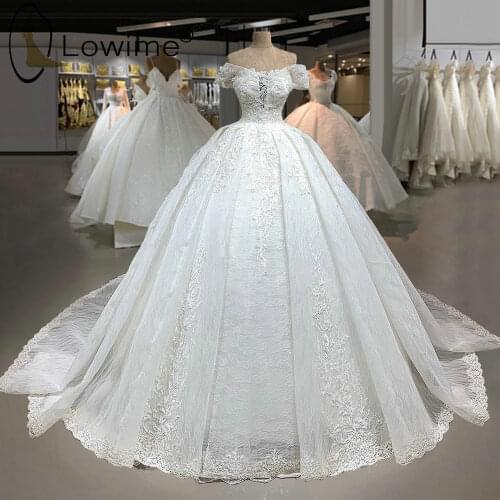 Ivory Off Shoulder Lace Wedding Dresses Lace-up Back Ball Gown Luxury Heavy Beading Bridal Gowns Custom Made