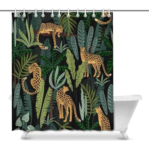 Leopards and Tropical Leaves Art Decor Print Bathroom Shower Curtain Decorations