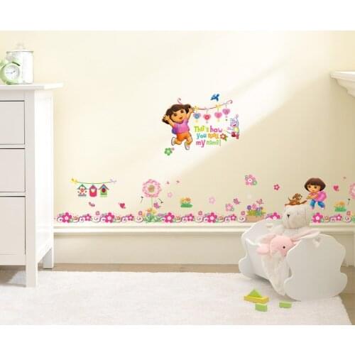 Dora With Colorful Flowers Wall Stickers For Kindergarten Girls Room Baseboard Home Decoration Cartoon Mural Art Kids Wall Decal