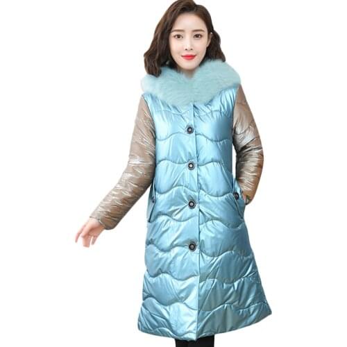 New Autumn Winter Jacket Coat Bright face Fur collar Down cotton coat Women Long Loose Plus size Cotton coat Warm Parka Overcoat