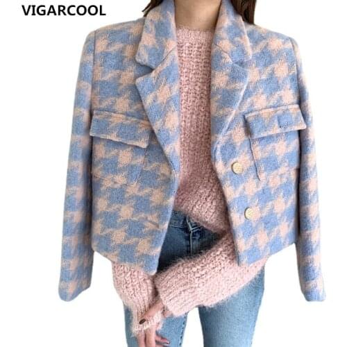 Autumn winter new Suit collar two buttons thick short Womens Jacket loose pockets thick warm houndstooth casual Jacket Women