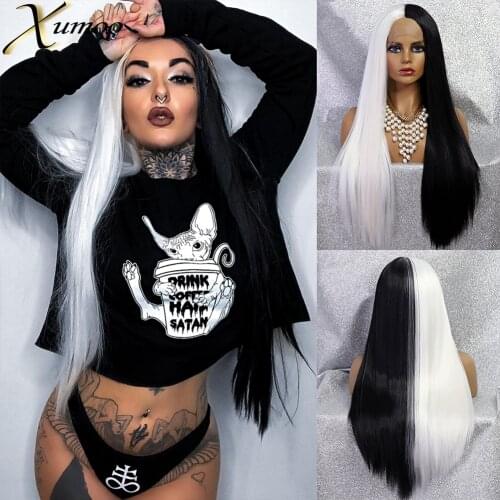 XUMOO Glueless Synthetic Lace Front Wig High Temperature Fiber Half Black Half White Wig Long Straight Cosplay Wigs For Women