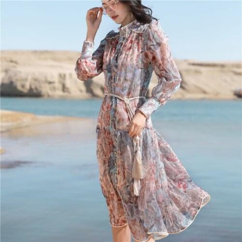 DUISNENA boho dress court style chiffon women dresses floral print fairy high neck long puff sleeve robe vintage vestidos