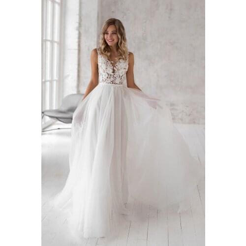Beach Wedding Dresses A-line Scoop Tulle Appliques Lace Boho Dubai Arabic Wedding Gown Bridal Dress Vestido De Noiva