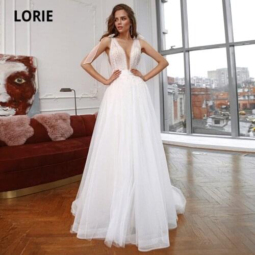 LORIE Boho Wedding Dresses 2021 V-Neck Beaded with Pearls A-Line Tulle White Ivory Wedding Gown Bride Dress vestido de novia