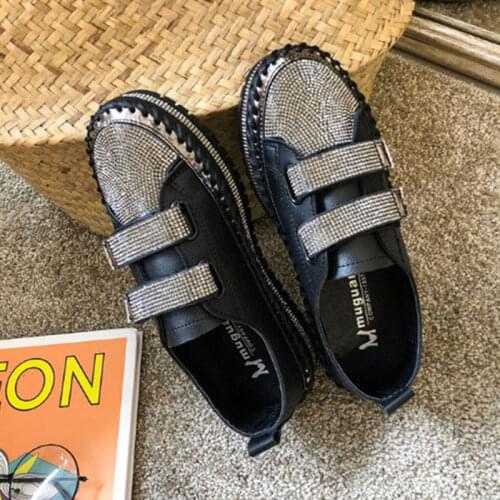 Loafers Shoes Women Flats Hook & Loop Crystal Platform Shoes Woman Sequined Cloth Bling Crysta Black Flat Heels Shoe