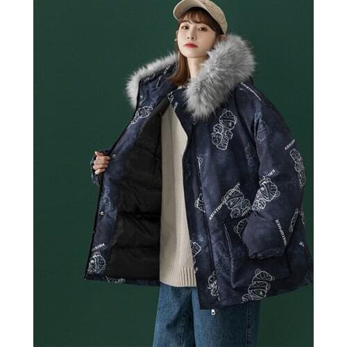 Winter Warm Down Cotton Jacket Womens Long Jackets Printed Cotton Jacket Hooded Fur Collar Casual Parka Overcoat Abrigo Mujer