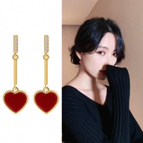 Red dripping small peach heart metal earrings women crystal long geometric earrings fashion party women jewelry