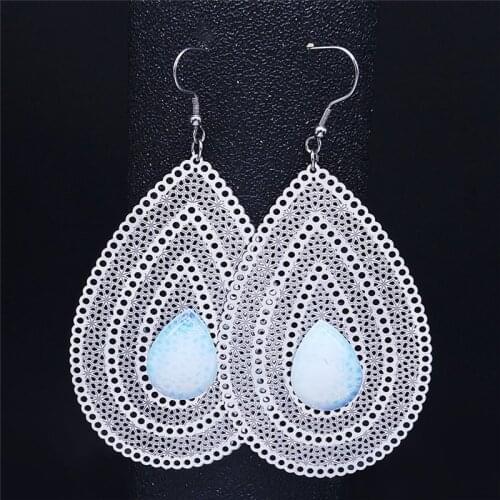 2021 Water Drop Moonstone Stainless Steel Bohemian Drop Earrings Women Silver Color Big Earring Jewelry boucle d'oreille EXS04