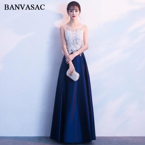 BANVASAC 2018 O Neck Crystal Illusion Back A Line Long Evening Dresses Elegant Party Lace Appliques Satin Prom Gowns