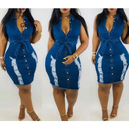 Sexy fashion sleeveless Bodycon Mini Dress Women Summer Vestidos Hole ripped jeans Dress Ladies vintage Washed Denim Dress