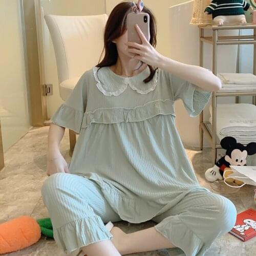 3034# 100% Cotton Summer Thin Maternity Nursing Sleepwear Sets Sweet Lovely Loose Pajamas Suits for Pregnant Women Pregnancy