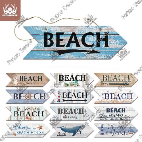 Putuo Decor Beach Arrow Wooden Sign Wood Wall Plaque Beach Seaside Road Guide Wall Decoration Indicator Hanging Irregular Sign