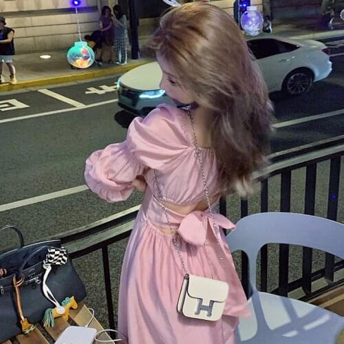 Elegant And Gentle Wind Square Neck Bubble Sleeve Dress Women Summer 2021 New Waist Sexy Party Black White Pink Ladies Dress