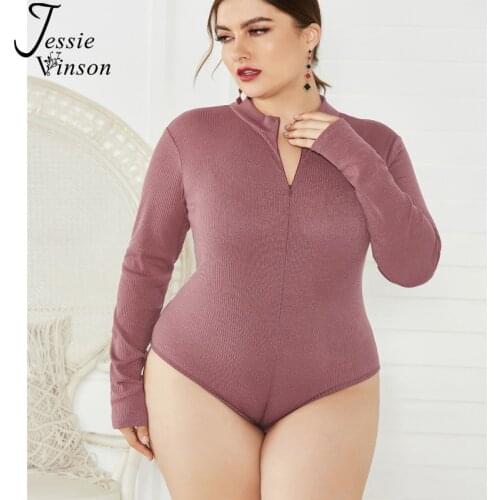 Jessie Vinson Long Sleeve Crew Neck Zipper Knitted Bodysuit Jumpsuit Women Plus Size Rib Bodysuit Autumn Winter Skinny Rompers