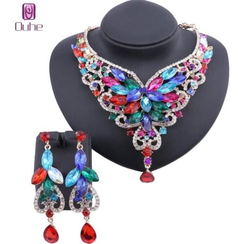 Women African Beads Jewelry Sets Cz Crystal Necklace Earring Jewelries Set Gold Color Statement Accessories Set 9 Colors