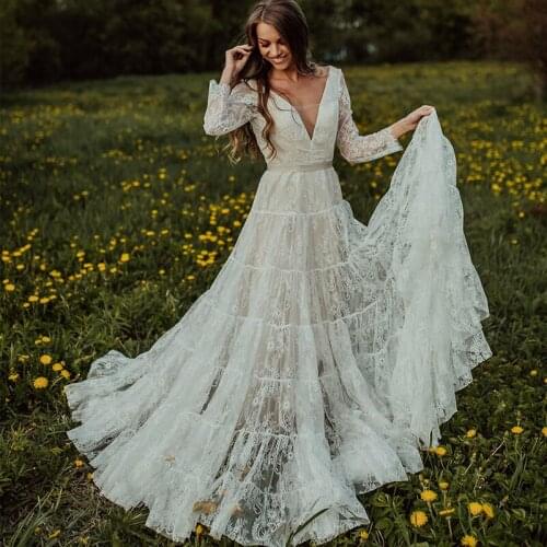 Summer Boho Long Sleeves Wedding Dress V Neck Custom Made Plus Size Backless 2021 Lace Bohemian Beach Bridal Gown