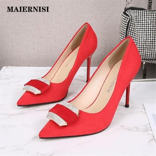 MAIERNISI Newly Arrived Women Pumps Sexy Rhinestone Design High Heels Brand Ladies Night Club Party Wedding Shoes Large Size 46