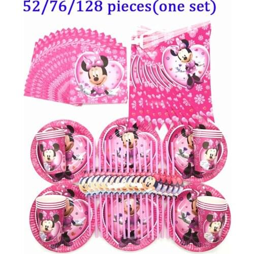Cute Disney Minnie Mouse Party Decorations Pink Banners Flags Baby Shower Minnie Mouse Party Supplies Plate Cup Straws Tableware