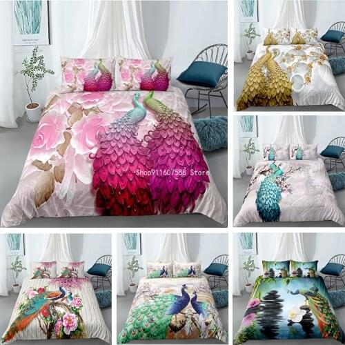 Fashion Animal Peacock 3D Bedding Set White Quilt Cover Pillowcase Luxury Comforter Case Bed Linen Home Textile King Single Size