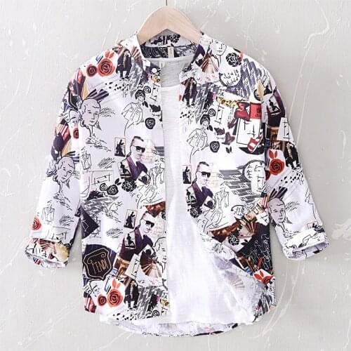 Mens Cotton Linen Shirts Half Sleeve Slim Fit Shirt Printed Men Mandarin Stand Collar Social Business Shirts Male Camisa TS-536