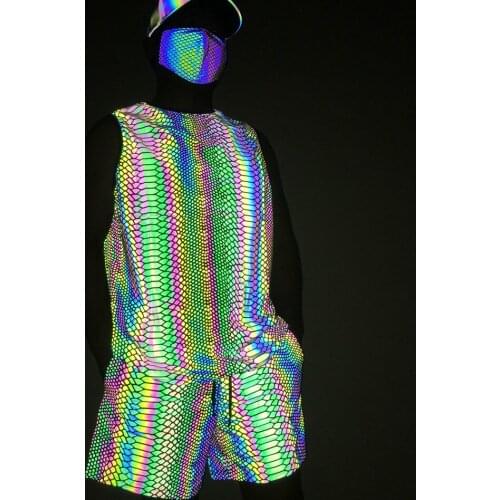 Rainbow Color Reflective Tank Top + Shorts Two Piece Sets Mens Harajuku Hip Hop Sleeveless Shirt Sport Running Short Pants Suits