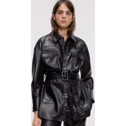 Faux Leather Coats Women Vogue Slim PU Jackets Women Elegant Tie Belt Waist Pockets Buttons Coats Female Ladies
