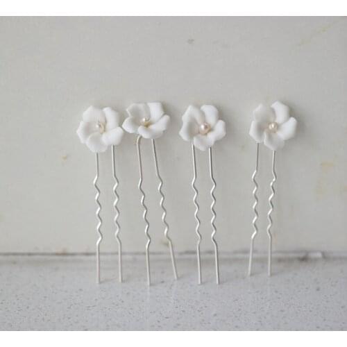 SLBRIDAL Handmade Porcelain Flower Alloy Freshwater Pearls Bridal Hair Pin Wedding Hair Sticker Hair Accessories Women Jewelry
