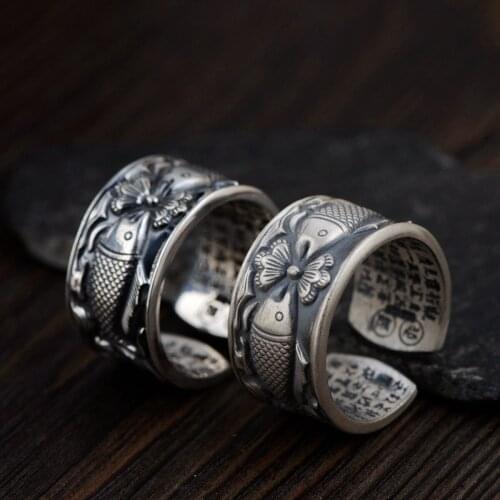 Thai Silver Wholesale S990 Sterling Silver Ring Archaize Process Couples Heart Sutra Speak More Gifts Every Year