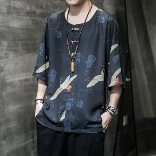 Japanese Kimonos Short-Sleeved T-shirt Buckle Tops National Asian Clothes Harajuku Kimono Streetwear T-Shirt Hip Hop Summer Tops