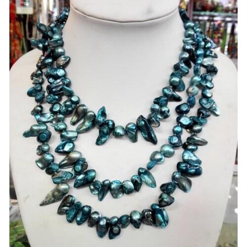 Women Jewelry 50inch Necklace 6-16MM Bright Blue Pearl Needle Baroque necklace white pearl stud earring real Freshwater pearl