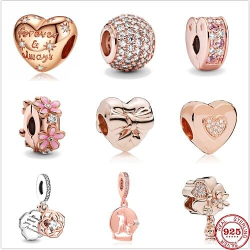 New Original 925 Sterling Silver Pink Daisy Love Spacer Clip Bead Charms Rose Gold Fit Pandora Charm Bracelets Women DIY Jewelry