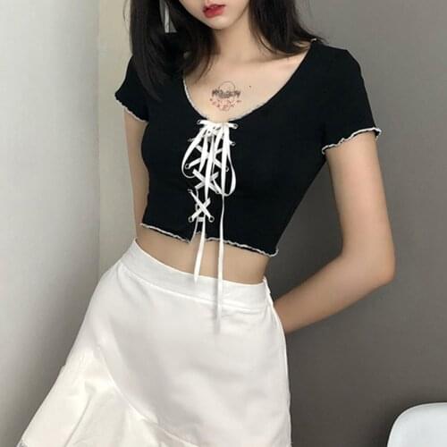 2021 Sexy Slim Streetwear Bow Lace Up Crop Top Gothic Women Hollow Out Tshirts Summer Casual Tops Short Sleeve Splice Bodycon
