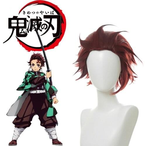 Reneecho Demon Slayer Anime Cosplay Kamado Tanjirou Wig Short Red Synthetic Hair
