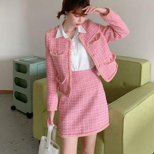 High Quality Autumn Winter Tweed Two Piece Set Women Short Jacket Coat Crop Top + Mini Skirts Sets Fashion Sweet 2 Piece Suits