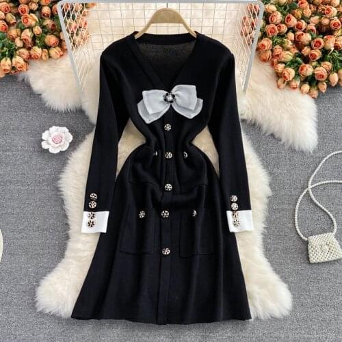 SINGREINY Women Korean Knitted Dress Sweet Bow V Neck Long Sleeve A-line Dresses Autumn Winter Fashion Streetwear Short Dress